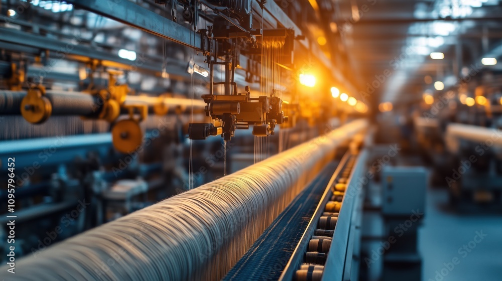 Poster spinning threads on modern weaving machine. threads being spun on a weaving machine under bright ind