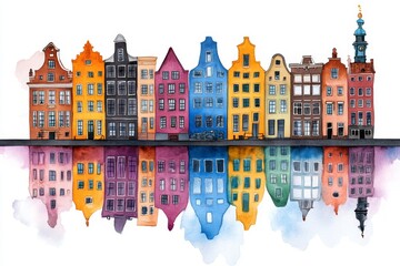 Fototapeta premium Amsterdamâ€™s canals painted in soft watercolor, with reflections of row houses and a delicate pastel sky