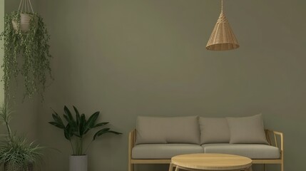 Minimalist living room with a couch, a coffee table, and plants.