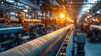 Naklejka premium Spinning Threads on Modern Weaving Machine. Threads being spun on a weaving machine under bright industrial lighting, highlighting modern textile manufacturing and advanced machinery.