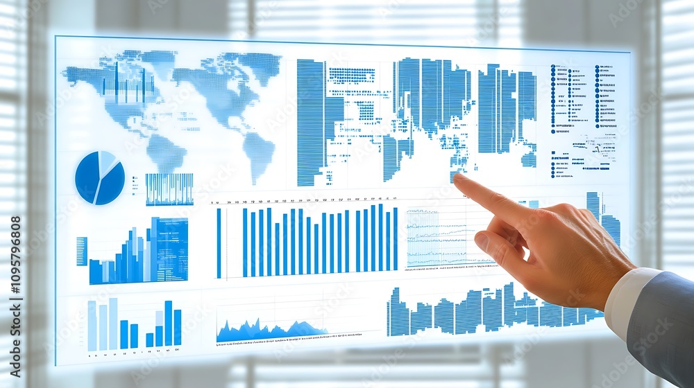 Poster a hand interacts with a digital dashboard displaying global data visualizations.