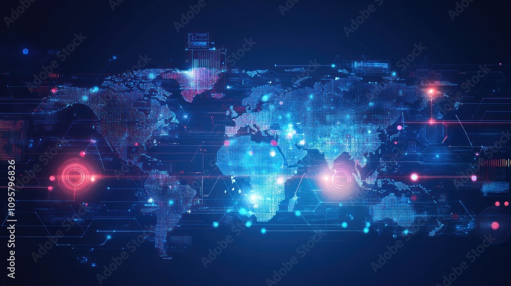 Poster global network connection, digital world map with data streams and glowing nodes.