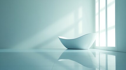 A serene bathroom interior featuring a modern, sculptural bathtub and soft natural light.