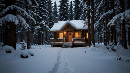 Cozy wooden cabin in a snowy forest landscape, featuring warm lights and a serene winter setting for relaxation and nature-inspired getaways.
