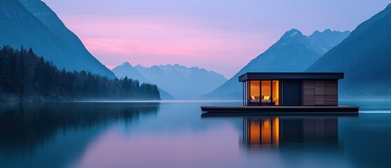 Serene floating cabin at dawn mountain lake nature photography tranquil scene