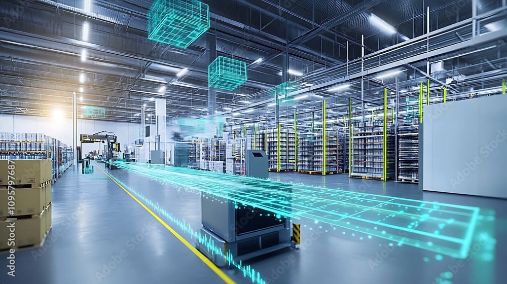 Poster a modern warehouse with digital elements illustrating automation and logistics.