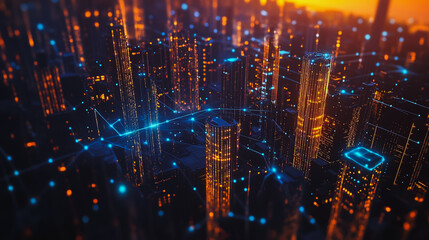 Fototapeta premium Smart digital city with connection Innovation network reciprocity over the sunset cityscape Concept of future wireless digital city and social media networking systems that connects business people