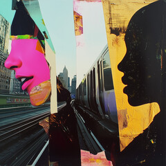 Surreal Portrait with Vibrant Pink and Geometric Urban Layers