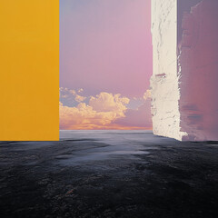 Surreal Horizon Framed by Yellow and White Geometric Structures