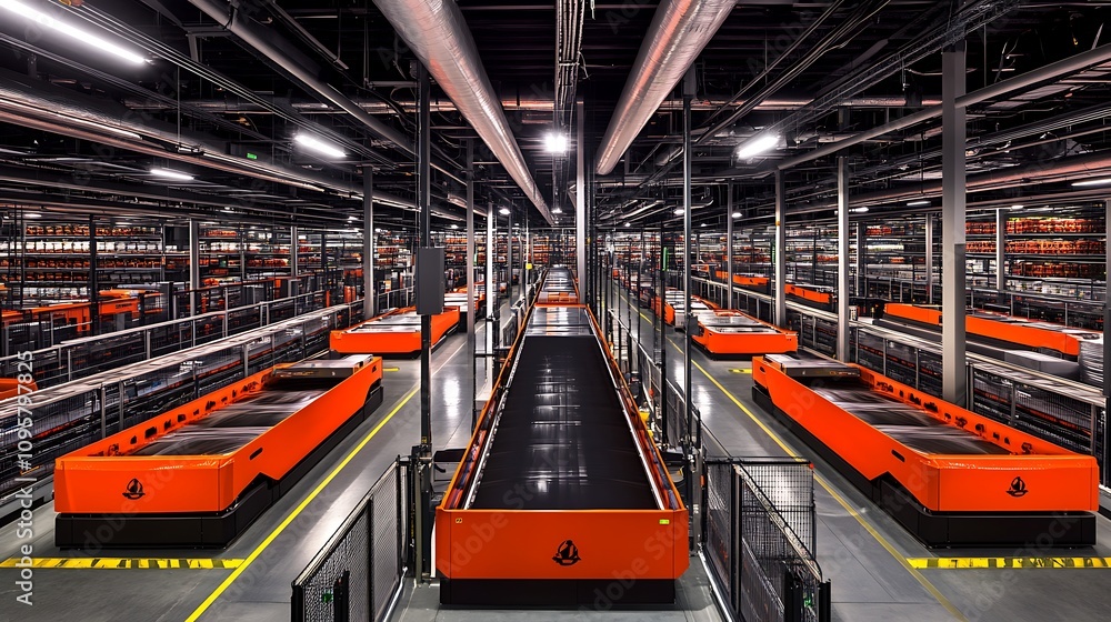 Poster a high-tech warehouse with conveyor systems for efficient sorting and distribution.