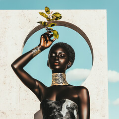 Elegant Black Woman with Orb Motif in Minimalist Archway