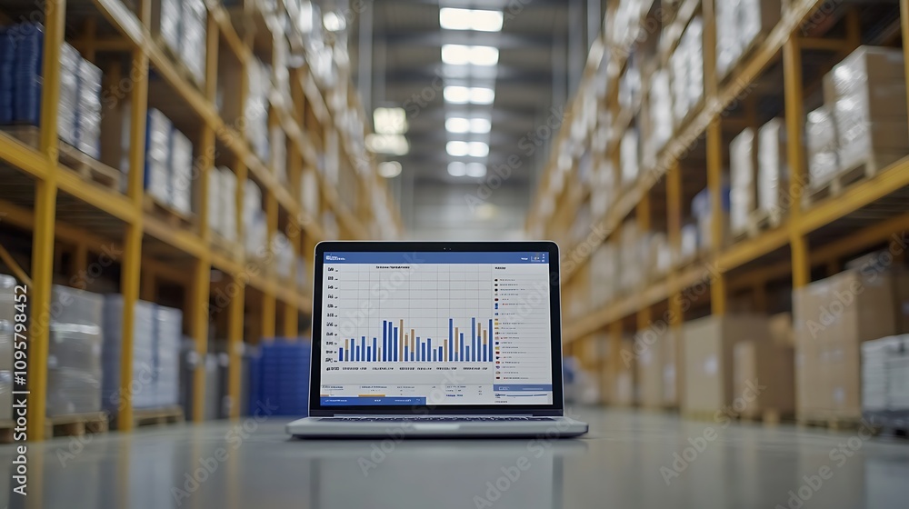 Poster a laptop displaying data charts in a warehouse setting, highlighting inventory management.
