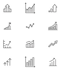 Growing bar graph icon set.  Data elements, bar and pie, diagrams for business infographics vector . Charts and Data visualization, linear style icon set. Statistics and analytics Outline icon. 
