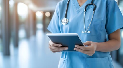 A healthcare professional examines patient information on a tablet within a modern hospital environment.