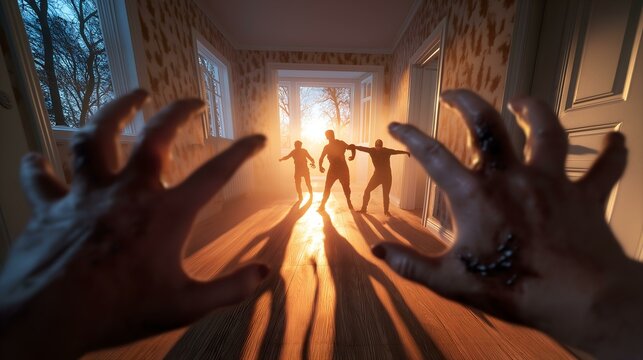 A haunting scene with shadowy figures in a dimly lit corridor, evoking themes of fear and the supernatural.