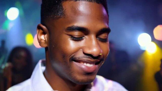 Young beautiful man dancing sensually in a night club. Close-up portrait. Feel the rhythm! This beautiful man dances sensually in the club, exuding charisma and allure with every move.