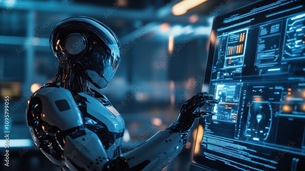 Poster futuristic robot interacting with a holographic interface.
