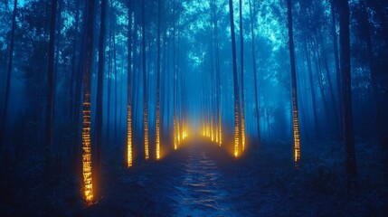 Fototapeta premium Enchanting night forest path with glowing trees and fog.