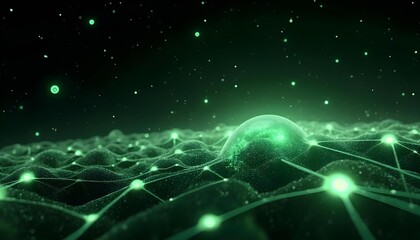 A complex network of interconnected luminous nodes and lines, set against the backdrop of a dark starry sky