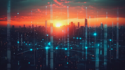 Obraz premium Smart digital city with connection Innovation network reciprocity over the sunset cityscape Concept of future wireless digital city and social media networking systems that connects business people