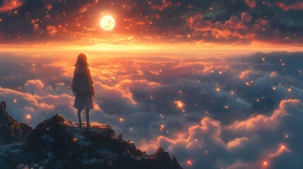 Obraz premium A young female figure gazes at a stunning sunset over a sea of clouds.