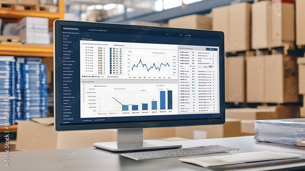 Poster computer monitor displaying data analytics in a warehouse environment.