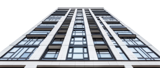 Modern skyscraper facade, extensive windows, upward view, geometric pattern, urban architecture, sleek design. on White or PNG Transparent Background.