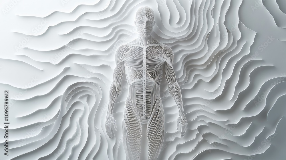 Poster A clean and modern paper cut design of the human body, showcasing layered systems and structures in a minimalist artistic style