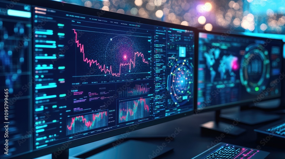 Leinwandbilder A close-up of a computer screen displaying complex data visualizations focused on analyzing stock market volatility and risk factors