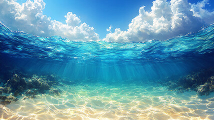 A tranquil shallow tropical lagoon featuring bright blue and green tones, ideal for travel promotions, wellness retreats, and summer vacation designs.