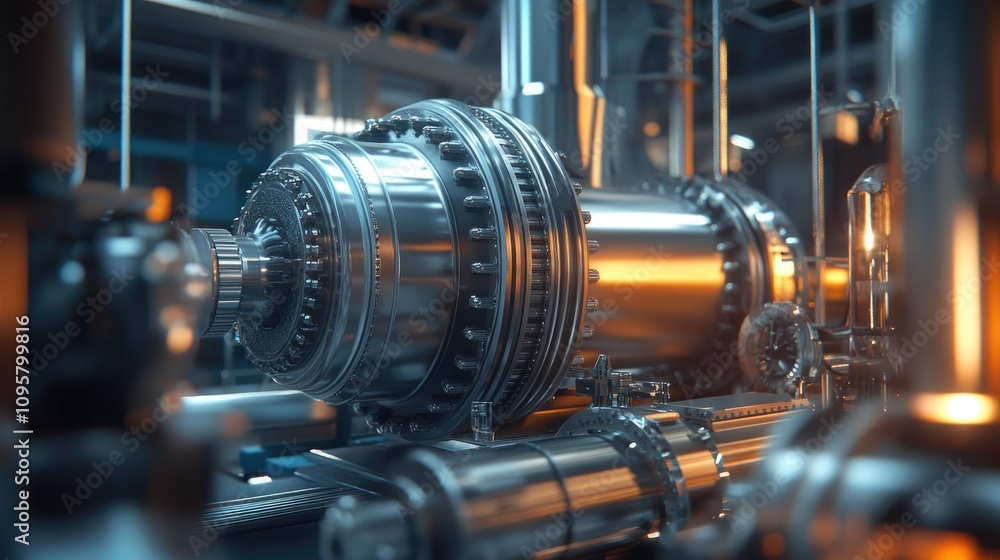 Poster A close-up of a turbine generator connected to a small modular reactor (SMR), converting steam into electrical power in an energy plant