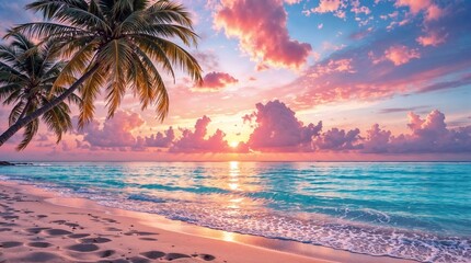 Screensaver. Tropical beach at sunset with palm trees and vibrant sky reflecting on water