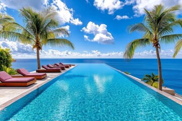 Obraz premium Aqua infinity pool overlooking a serene ocean view, with modern lounge chairs and an open sky above
