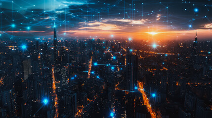 Smart digital Innovation city with connection network reciprocity over the cityscape. of future smart wireless digital city and social media networking systems that connects people with in city