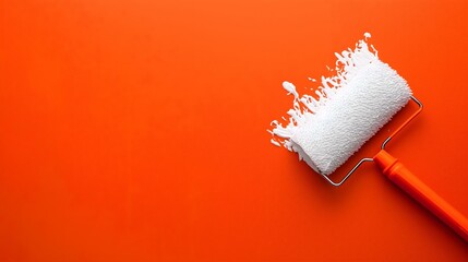 Obraz premium A paint roller coated with white paint rests on a vibrant orange background, representing creativity and home improvement.