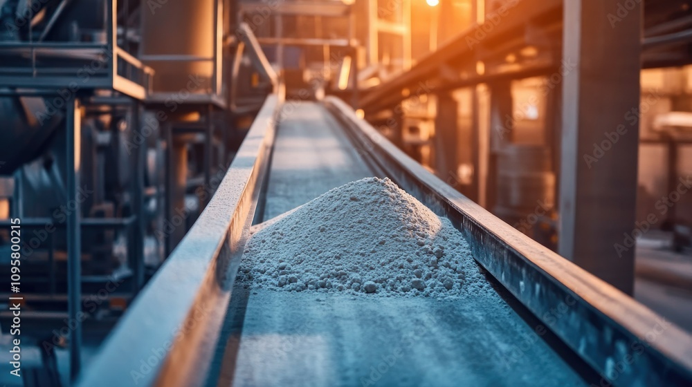 Poster a conveyor belt system in a factory moving gypsum powder, showcasing the processing and production o