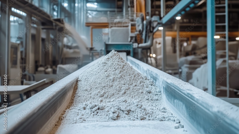 Poster a conveyor belt system in a factory moving gypsum powder, showcasing the processing and production o