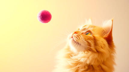 Naklejka premium Playful cat gazing at a colorful ball in a warm setting.