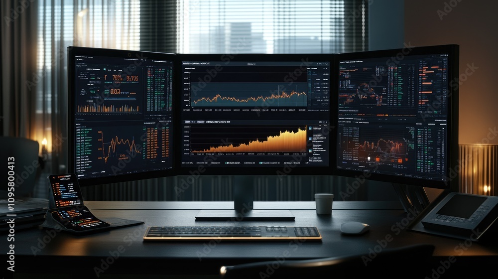 Poster A digital workspace showing real-time advanced data visualizations used for analyzing market volatility and financial risk factors