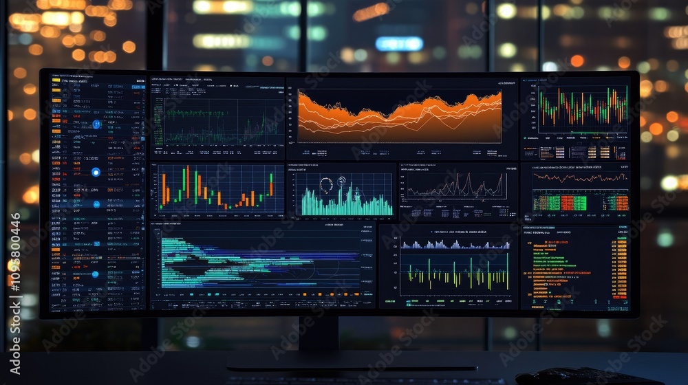 Poster A digital workspace showing real-time advanced data visualizations used for analyzing market volatility and financial risk factors
