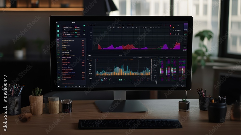 Poster A digital workspace showing real-time advanced data visualizations used for analyzing market volatility and financial risk factors