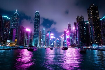 Fototapeta premium Aqua neon-lit cyberpunk city with glowing waterways, futuristic boats, and holographic advertisements floating above the canals