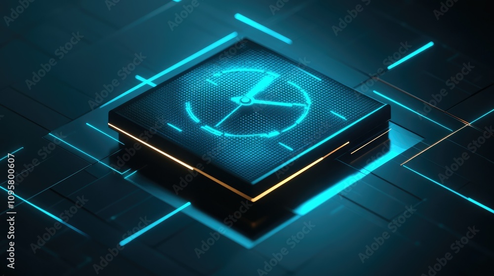 Poster A futuristic digital clock with glowing mesh lines, symbolizing the intersection of time management and data analytics in a sleek business environment