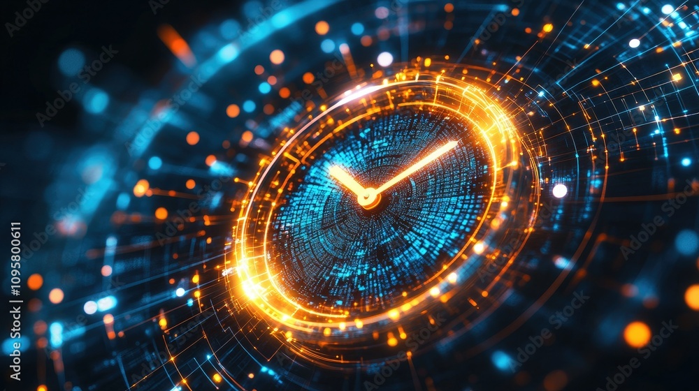 Aufkleber A glowing, futuristic digital clock surrounded by intricate mesh lines, highlighting productivity and data-driven decision-making in a modern business setting
