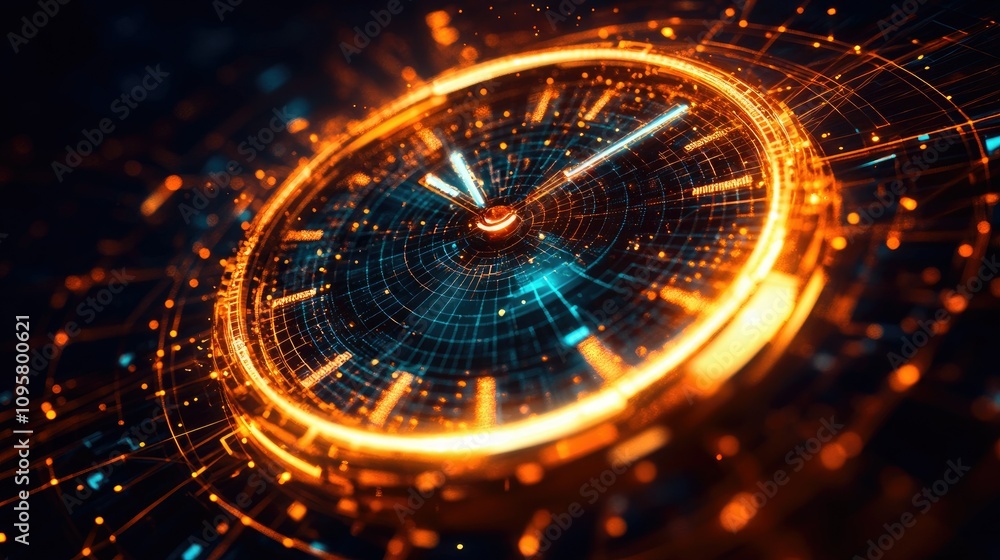 Aufkleber A glowing, futuristic digital clock surrounded by intricate mesh lines, highlighting productivity and data-driven decision-making in a modern business setting