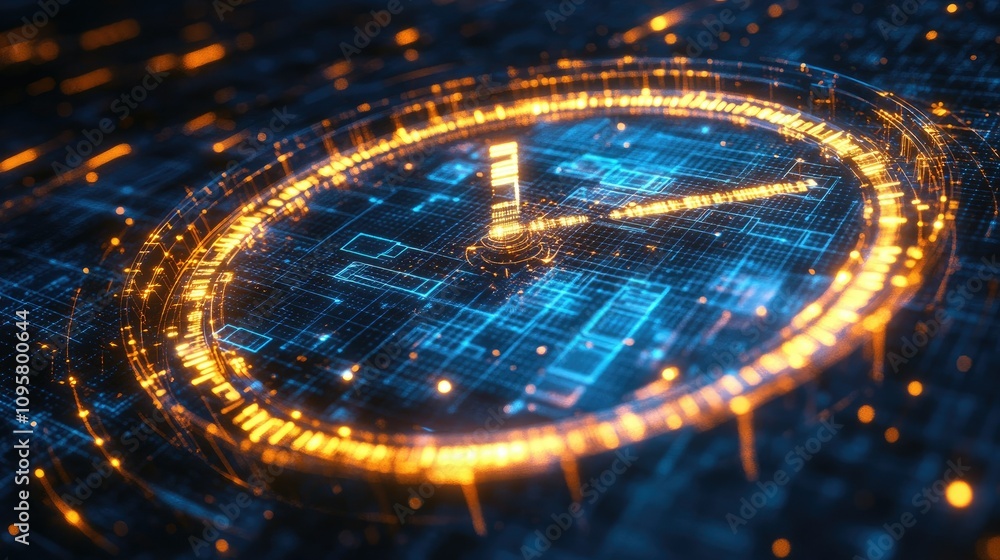 Aufkleber A glowing, futuristic digital clock surrounded by intricate mesh lines, highlighting productivity and data-driven decision-making in a modern business setting