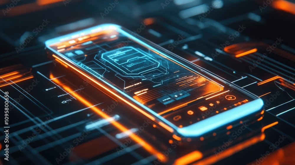 Aufkleber A glowing mesh-like smartphone interface showing a business application, with dynamic holographic elements and sleek futuristic design