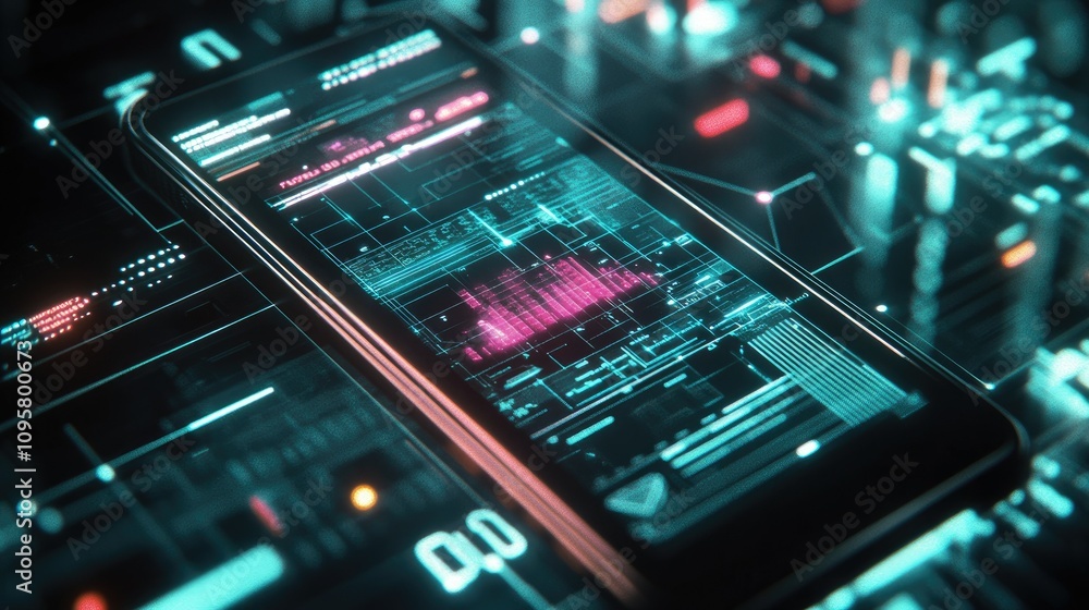 Aufkleber A glowing mesh-like smartphone interface showing a business application, with dynamic holographic elements and sleek futuristic design