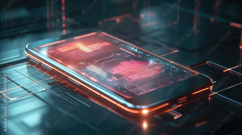 Poster A glowing mesh-like smartphone interface showing a business application, with dynamic holographic elements and sleek futuristic design