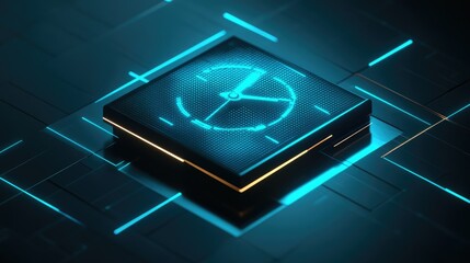A futuristic digital clock with glowing mesh lines, symbolizing the intersection of time management and data analytics in a sleek business environment